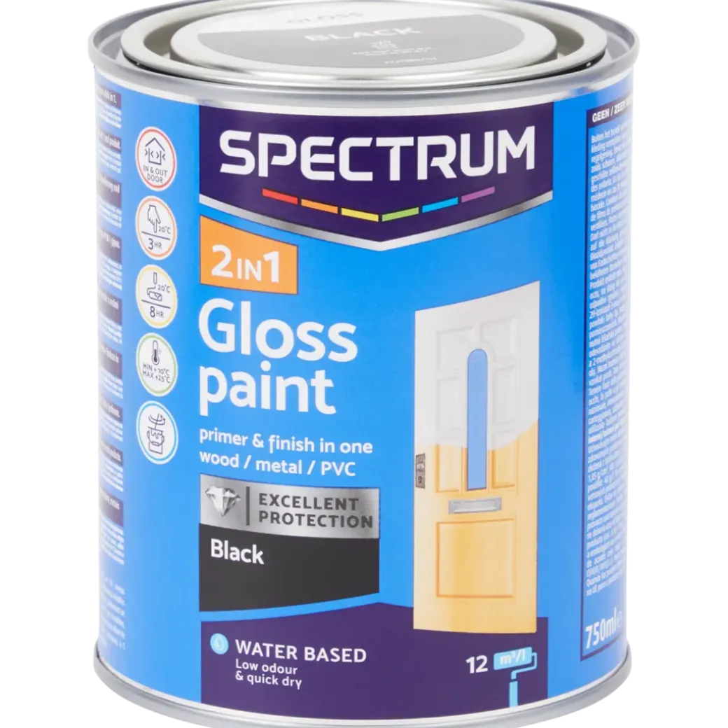 Spectrum 2-in-1 hoogglans verf zwart Zwart 750 ml | Action NL